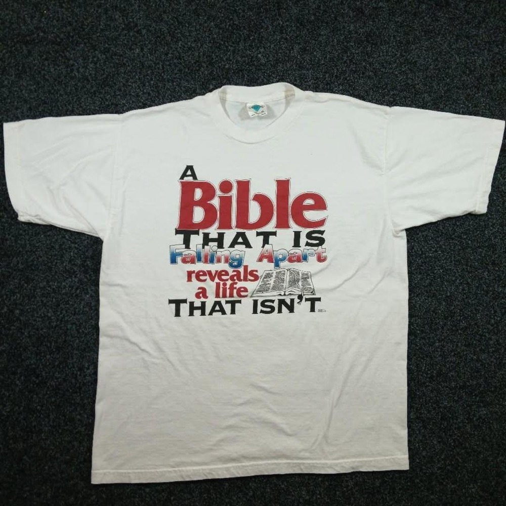 Champ Mens Vintage Christian Bible Graphic T-Shirt White XL Religious Tee